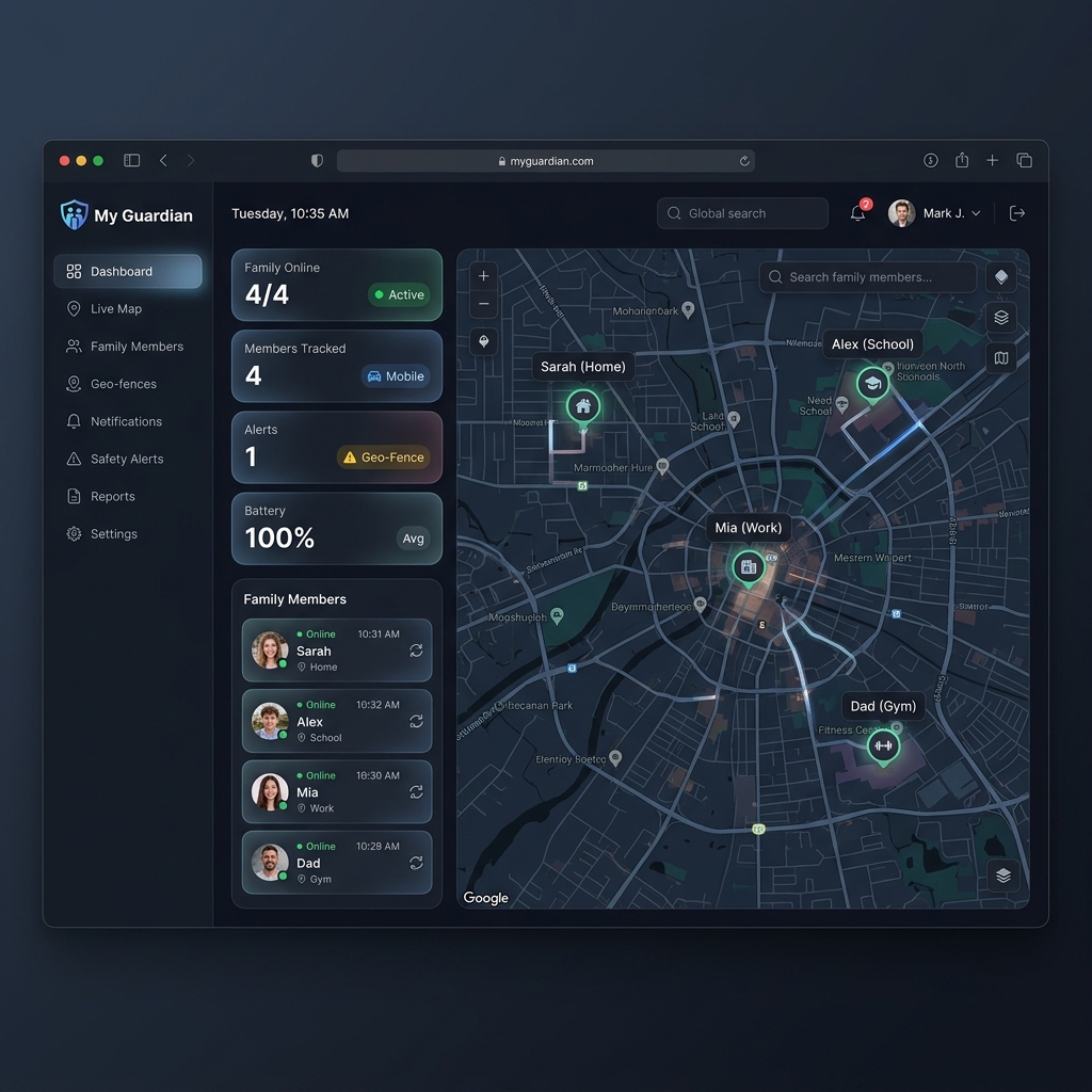My Guardian web dashboard showing real-time family tracking