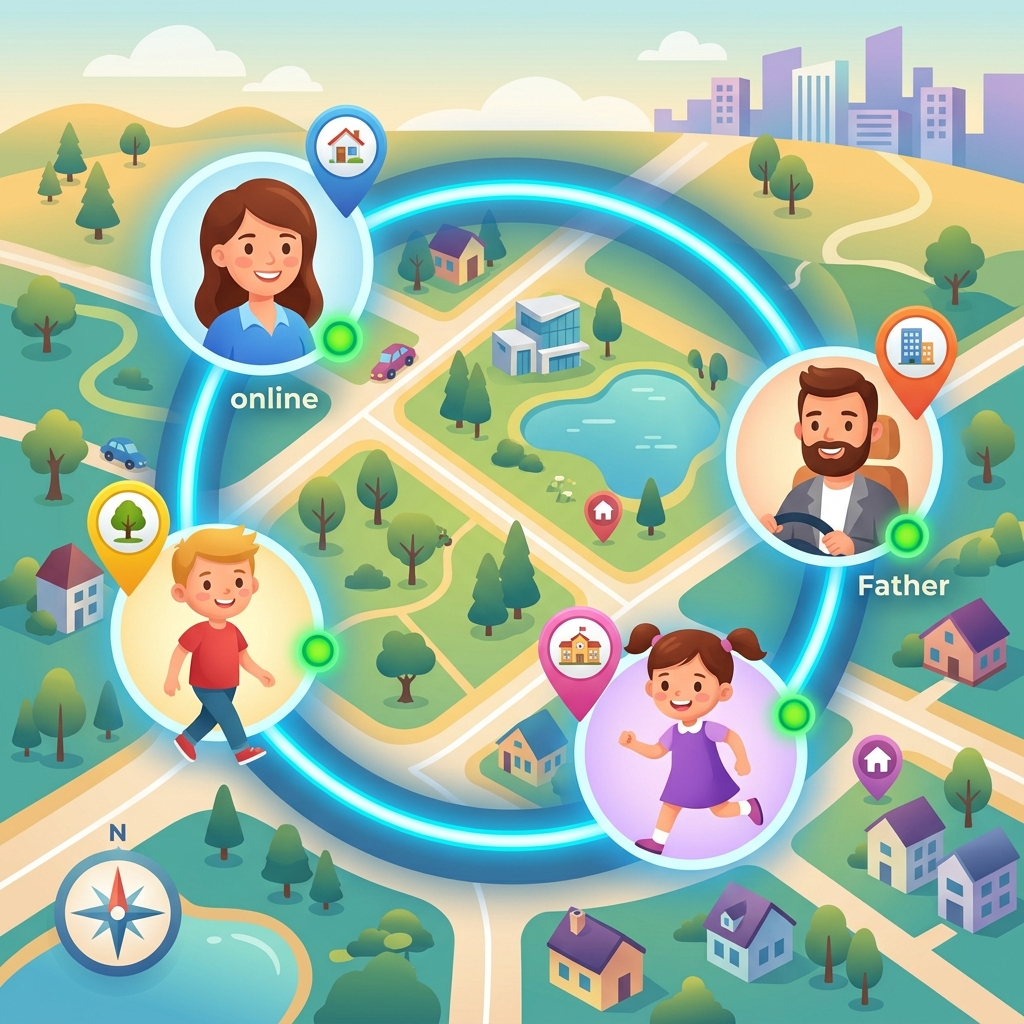 Family circle with multiple members on map